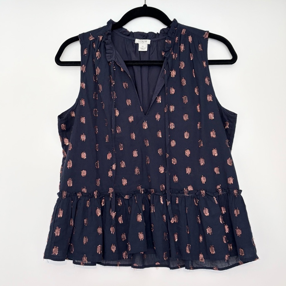 J Crew Ruffle Peplum Top Navy Metallic Dot Sleeveless XS NWOT